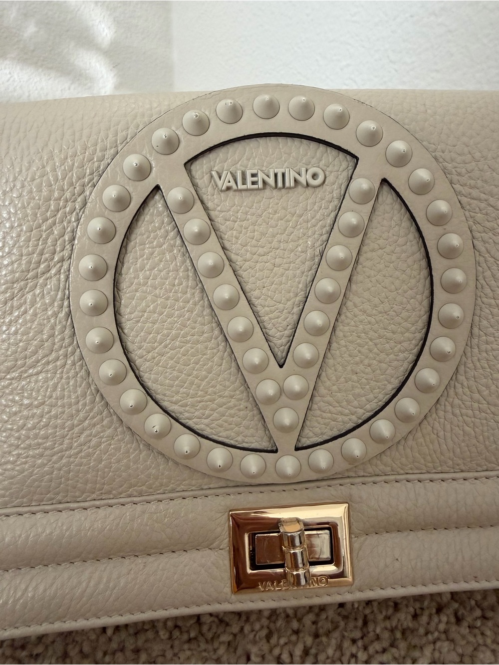 Valentino By Mario Valentino Cream Pebbled Leather Shoulder Bag with V Logo - Picture 9 of 15